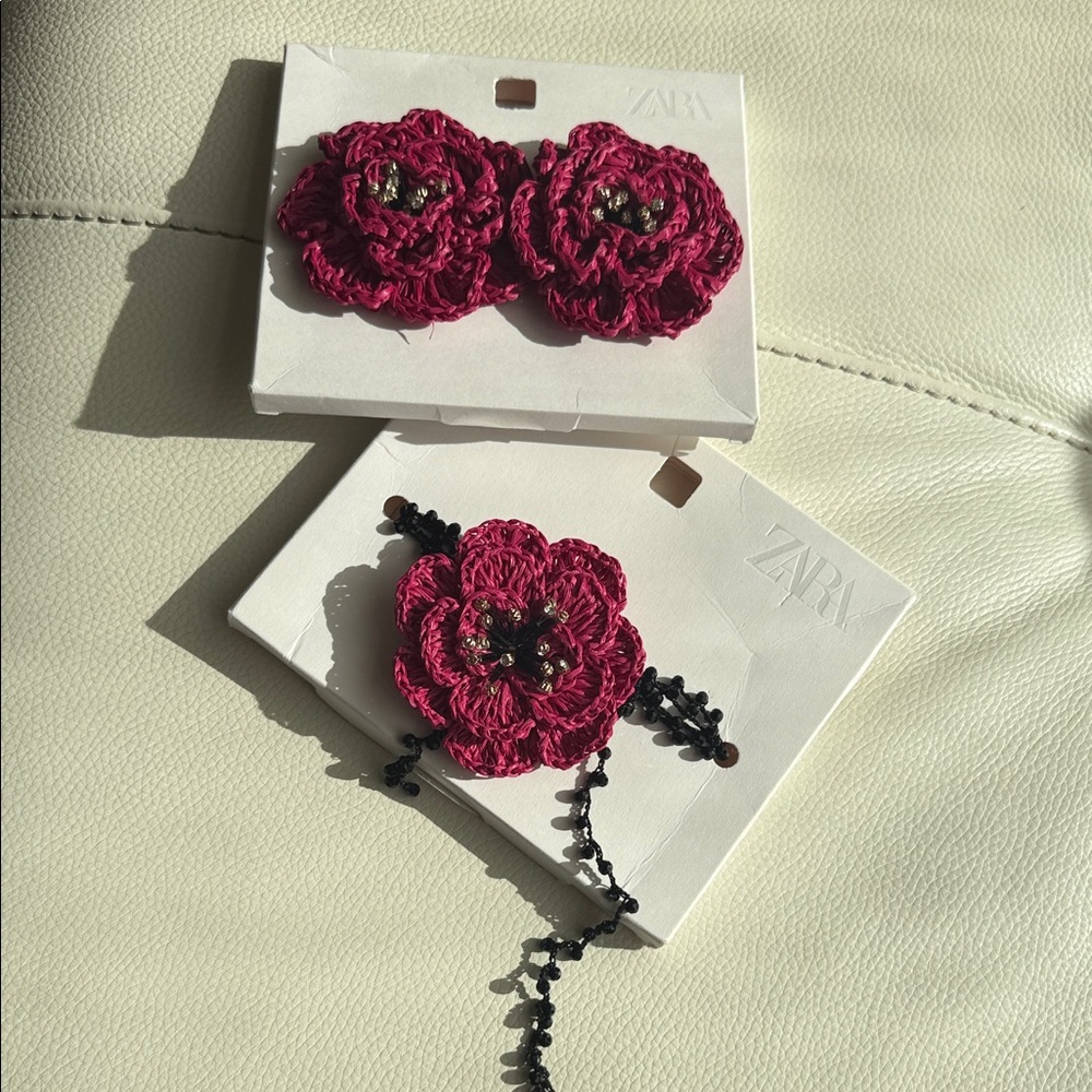 Zara Raffia Flower Necklace/Choker With Matching Earrings Set